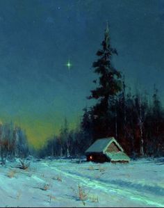 a painting of a snowy landscape with a house and trees in the background at night