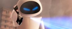 a white robot with blue eyes is standing in front of a cityscape and lights