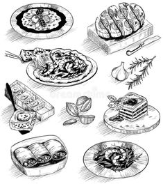 different types of food on plates in black and white