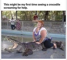 a woman kneeling down next to an alligator