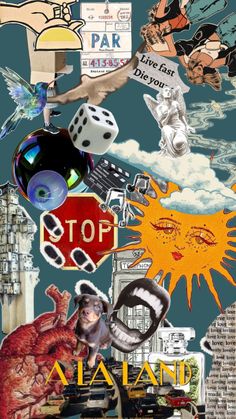 collage of various images with words and pictures on them, including the word stop