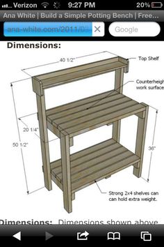 the plans for an outdoor potting bench are shown in two different sizes and colors