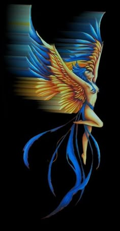 a painting of a woman with blue hair and wings on her body, in front of a black background