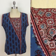 90s Blue Maroon Mirrored Hippie Sleeveless Indian Cotton Blouse, L by retrorocketgirl Kurta Neck Design, Indian Cotton, Cotton Blouse, Asymmetrical Design, Boho Vibe, Cotton Blouses, Kurti Designs