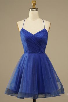 Simple Blue Straps A-line Pleated Short Homecoming Dress Blue Homecoming Dresses Short, Fitted Homecoming Dresses, Blue Tulle Prom Dress, Homecoming Dress Short, Mini Homecoming Dresses, Tulle Homecoming Dress, Marine Uniform, Blue Homecoming Dresses, Party Dresses Online