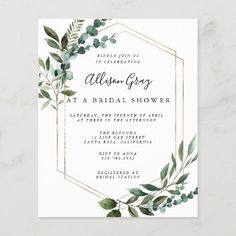 an elegant wedding card with greenery and gold foil on the front, featuring a hexagonal frame