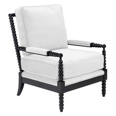 a black and white chair with beads on the armrests, sitting against a white background