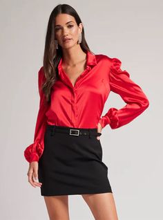 Take a romantic twist on a fashion favorite with the Crissy blouse. The basic button-up is taken to the next level with a soft silk charmeuse and spandex design and gorgeous draped sleeves. A statement piece that'll help you stand out at the office. Silk Outfits, Satin Shirts, Satin Bluse, Satin Blouses, Satin Blouse, Satin Skirt, Stretch Satin, Blouse Outfit, Beautiful Blouses