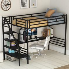 there is a bunk bed with a desk underneath it