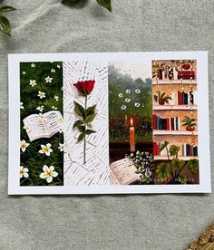 an open book with flowers and bookshelves in the background