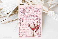 a pink christmas party card with santa clause holding a wine glass in front of it