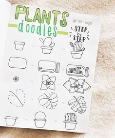 an open book with plants doodles on the page and instructions for how to draw them