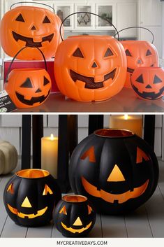 DIY Pumpkin Candle Holders for Halloween. Make your own stylish DIY Halloween decorations without breaking the bank with our DIY Pottery Barn Jack-o-lantern dupe! This easy DIY pumpkin décor works perfectly for both indoor and outdoor Halloween décor. Click through for the full DIY fall décor tutorial and learn how to make your own pumpkin décor using Dollar Tree supplies. Fall Candle Holders, Halloween Centerpiece