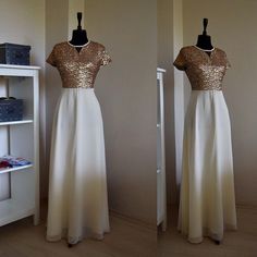 Custom Made Charming Chiffon With Top Sequin Gold Bridesmaid Dress, Cap Sleeve Full Length Sequin Ev Fitted Chiffon Dress For Wedding And Prom Season, Fitted Sequin Maxi Dress For Bridesmaids, Chiffon Evening Dress With Short Sleeves For Wedding, Short Sleeve Sequined Maxi Dress For Wedding, Gold Chiffon Party Dress, Short Sleeve Chiffon Bridesmaid Dress For Party, Elegant Fitted Chiffon Wedding Dress, Sequin Chiffon Mother Of The Bride Dress For Wedding, Fitted Chiffon Short Sleeve Dress For Banquet