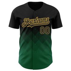 Custom Black Kelly Green-Old Gold 3D Pattern Design Gradient Square Shapes Authentic Baseball Jersey Black T-shirt With Sublimation Print And Baseball Collar, Black Sublimation Design With Baseball Collar For Baseball Season, Black Baseball Jersey For Fan Merchandise With Team Name, Black Baseball Jersey With Team Name For Fans, Black Baseball Jersey Team Name Fan Merchandise, Black Baseball Jersey For Fan Merchandise With Team Spirit, Customizable Black Baseball Jersey With Collar, Custom Print Black Baseball Jersey For Baseball Season, Black Baseball Jersey For Fan Merchandise