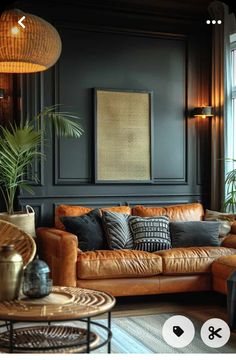 Black And Brown Living Room, Black And Rust Living Room, Black Walls Living Room, Masculine Centerpieces, Masculine Bathroom Ideas, Dark Green Living Room, Tan Living Room, Masculine Bathroom, Brown Sofa Living Room