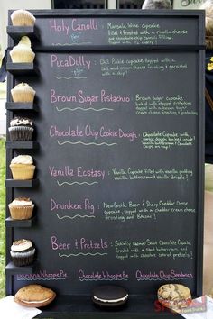 a menu board with cupcakes and muffins on it