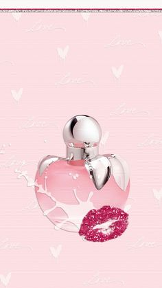 a pink perfume bottle with a red lipstick in it's mouth and butterflies on the background