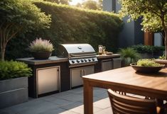 an outdoor kitchen with grill, table and chairs