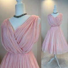 1950s dress / 50s dress / 1950s fit and flare / 1950s fit and flare  dress / 1950s fashion  This 1950s dress is stunning. She light pink with a soft cotton lining and a sheer outter layer. Thor outer layer is draped to create a wrap style front. She has the classic fit and flare cut with the nipped waist, and a full skirt. Made by Miss Elliette. She has a metal zipper in the back. Measurements provided are flat and have been doubled. vintage size 10 Bust 36"  Waist 26"  Hips free"   Length 41" ❤️ Condition: Excellent vintage condition. Flaw: none found  This item has been cleaned and is ready to wear. $188 includes domestic shipping and insurance. International shipping is $30. Please let me know if you have questions, would like more measurements, or photos. I am here to help. 💜Megan 1950s Style Prom Dress With Fitted Bodice, 1950s Style Full Skirt Dress For Vintage Fashion, 1950s Full Skirt Vintage Fashion Dress, Vintage Knee-length Prom Dresses, 1950s A-line Dress For Vintage Fashion, Vintage Dresses With Pleated Bodice And Tea Length, 1950s Style Vintage Fashion Dresses, Vintage Tea Length Dress With Pleated Bodice, 1950s Style Pink Tea-length Dress