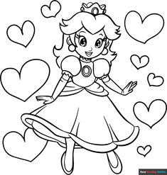 Free, printable Princess Peach with hearts coloring page for kids. Print it out or color it online. https://easydrawingguides.com/coloring-pages/princess-peach-with-hearts/