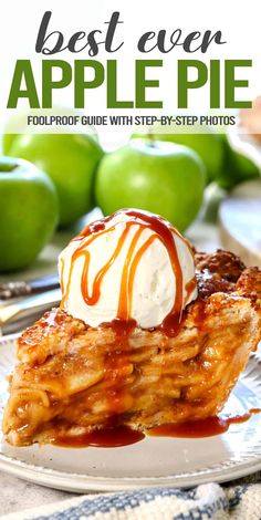 an apple pie on a plate with ice cream and caramel drizzles