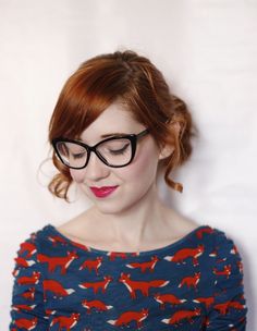 The Clothes Horse Red Hair With Black, Bold Glasses, Fox Top, Librarian Chic, Fox Sweater, Fox Shirt, Black Glasses, Fox Print, Zooey Deschanel