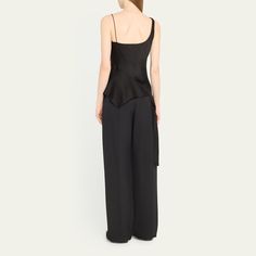 SIMKHAI "Ronnie" asymmetric satin top features a cascading drape  Cowl neckline Sleeveless Draped fit Side seam zipper Acetate Dry clean Imported Cowl Neckline, Satin Top, Bergdorf Goodman, Black Tank Tops, Tops Designs, Top Brands, Dry Clean, Tank Top, Satin