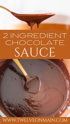 two ingredient chocolate sauce in a glass bowl with spoon and text overlay that reads, 2 ingredient chocolate sauce