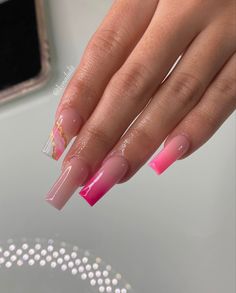 Nails With Pink Acrylic Powder, Hot Pink Marble Acrylic Nails, Ombre Acrylic Nails, Colored Acrylic Nails, Dope Nail Designs, Acrylic Nails Coffin Pink