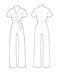 the front and back view of a women's jumpsuit with an attached belt