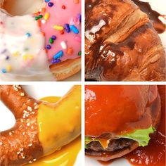 four different types of doughnuts with icing and sprinkles