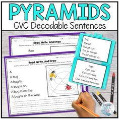 two posters with words and pictures on them that say, pyramids cvc deconable sentence