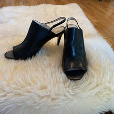 Sexy Sling-Back Design With Open Toe And 4.5 Inch Heel. Soft, Luxurious Leather. Condition Is New Without Tags. 5 Inch Heels, Sling Back, Open Toe, Black Leather, Size 10, Women Shoes, Heels, Tags, Leather