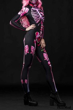 Olivia Mark – Estiloso mono rosa de media cremallera de calavera con diseño de cuello alto Pink Skeleton, Skeleton Halloween Costume, Skeleton Costume, Scary Costumes, Skeleton Print, Print Jumpsuit, Pink Halloween, Long Sleeve Jumpsuit