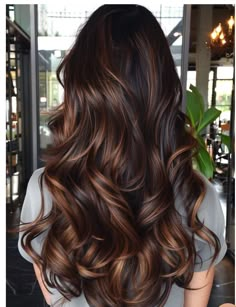 Black Hair With Chestnut Balayage, Long Haircuts Dark Hair, Copper Highlights In Black Hair, Honey Caramel Highlights On Black Hair, Tiger Eye Balayage, Dark Hair With Highlights And Lowlights, Chocolate Brown Balayage On Black Hair