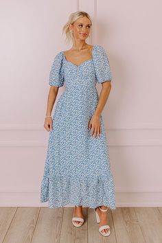 - Keep thriving and vibing this season with this cute dress! - Fully lined material with a petite floral print - A v-cut neckline with a ruched detail - Short puff sleeves with elastic shoulder and elastic cuffs - A back cutout and tie detail - A waistline with an elastic back - A flowy yet flattering silhouette that ends in a midi length hemline Measurements S : Bust 32", Hip 36", Length 44.5", Sleeve Length 11", Waist 26". M : Bust 34", Hip 38", Length 45", Sleeve Length 11.5", Waist 28". L : V Cut, V Cuts, Cute Dress, Puff Sleeves, Midi Length, Cute Dresses, Blue Sky, Puff Sleeve, Blossom