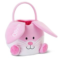 a pink and white bag with a bunny face on the front, sitting in front of a white background