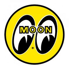 a yellow and black sticker with the word moon in it's center on a white background