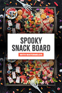 spooky snack board with watermelon and halloween candies on the side