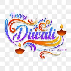 happy diwali festival of lights with colorful lettering and candles on transparent background png