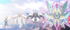 four different types of angel wings against a cloudy sky