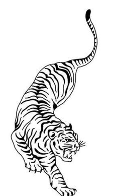 a black and white drawing of a tiger jumping in the air with its mouth open