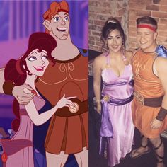 there are two people dressed up as disney characters and one is wearing an orange dress