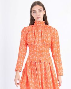 Orange Manafon Thistle Blouse - View of blouse on model Laura Ashley, Fashion Collection, Orange Color, Floral Prints, Long Sleeve Dress, Orange, Clothes For Women, Clothes