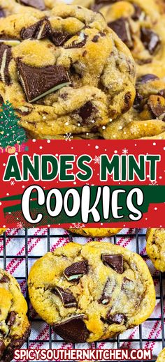 chocolate chip cookies on a cooling rack with text overlay that reads, andes mint cookies