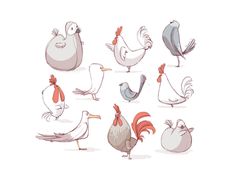 a bunch of cartoon chickens and roosters standing around each other with their heads turned to look like they are looking at something