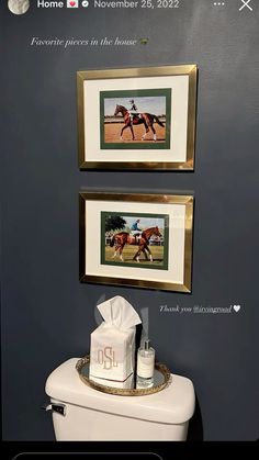 a toilet with two pictures on the wall above it and a tissue dispenser next to it