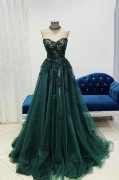 Contact+us:+lisamony@outlook.com Please+left+message+what+color+you+need+when+you+order+it.Besides+the+picture+color,+you+can+also+choose+any+color+you+want. +A+Line+Sweetheart+Green+Lace+Long+Prom+Dress Processing+time:+12-21+business+days Shipping+Time:+3-5+business+days "Fabric:Tull... Aesthetic Prom Dress Green, Emerald Sweet 16 Dresses, Dark Green Fantasy Dress, Black And Green Prom Dress, Revenge Fits, Forest Green Prom Dress, Grunge Prom, Prom Things, Green Gowns