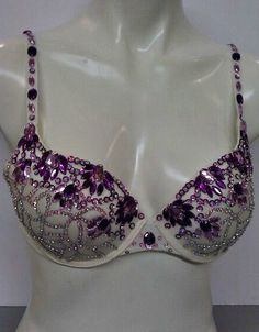 Jewel decorated ivory push up bra top purple beads & by TopsWorld Elegant Purple Push-up Bra, Purple Underwire Bra For Party, White Push-up Bra For Party, Decorated Bras, Bra Items, Purple Decor, Purple Beads, Mermaid Costume, Bra Top